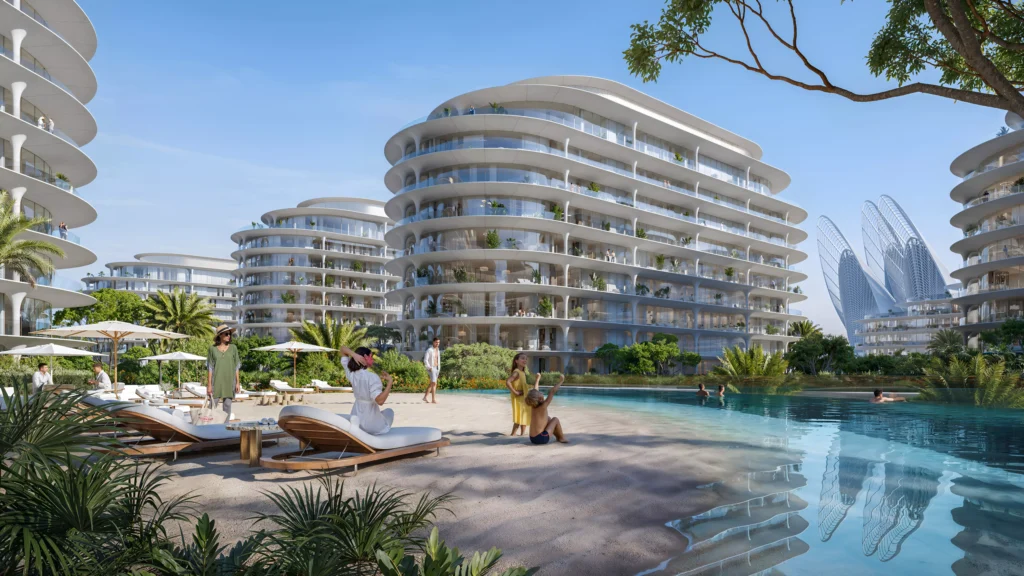Row Saadiyat luxury waterfront apartments overlooking pool and cultural district views